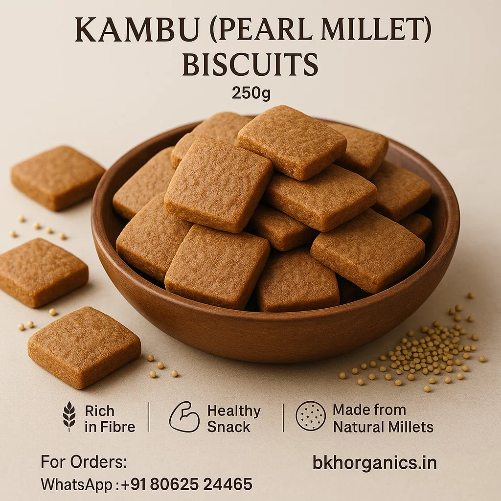 Kambu (Pearl Millet) biscuits in a bowl with text about health benefits and contact information. BKH Organics