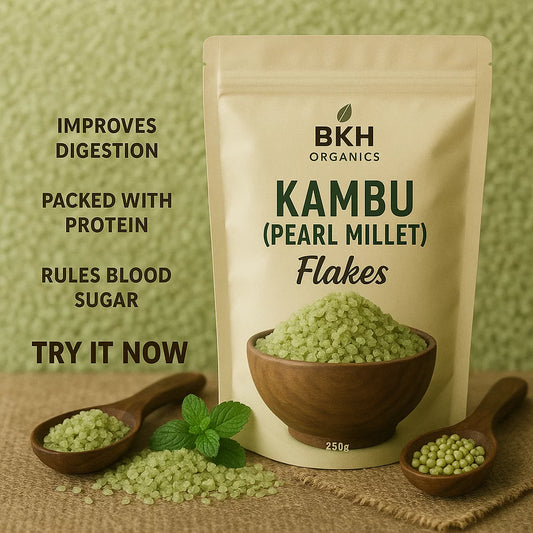 BKH Organics Kambu Pearl Millet Flakes packaging with text highlighting benefits on a green background.