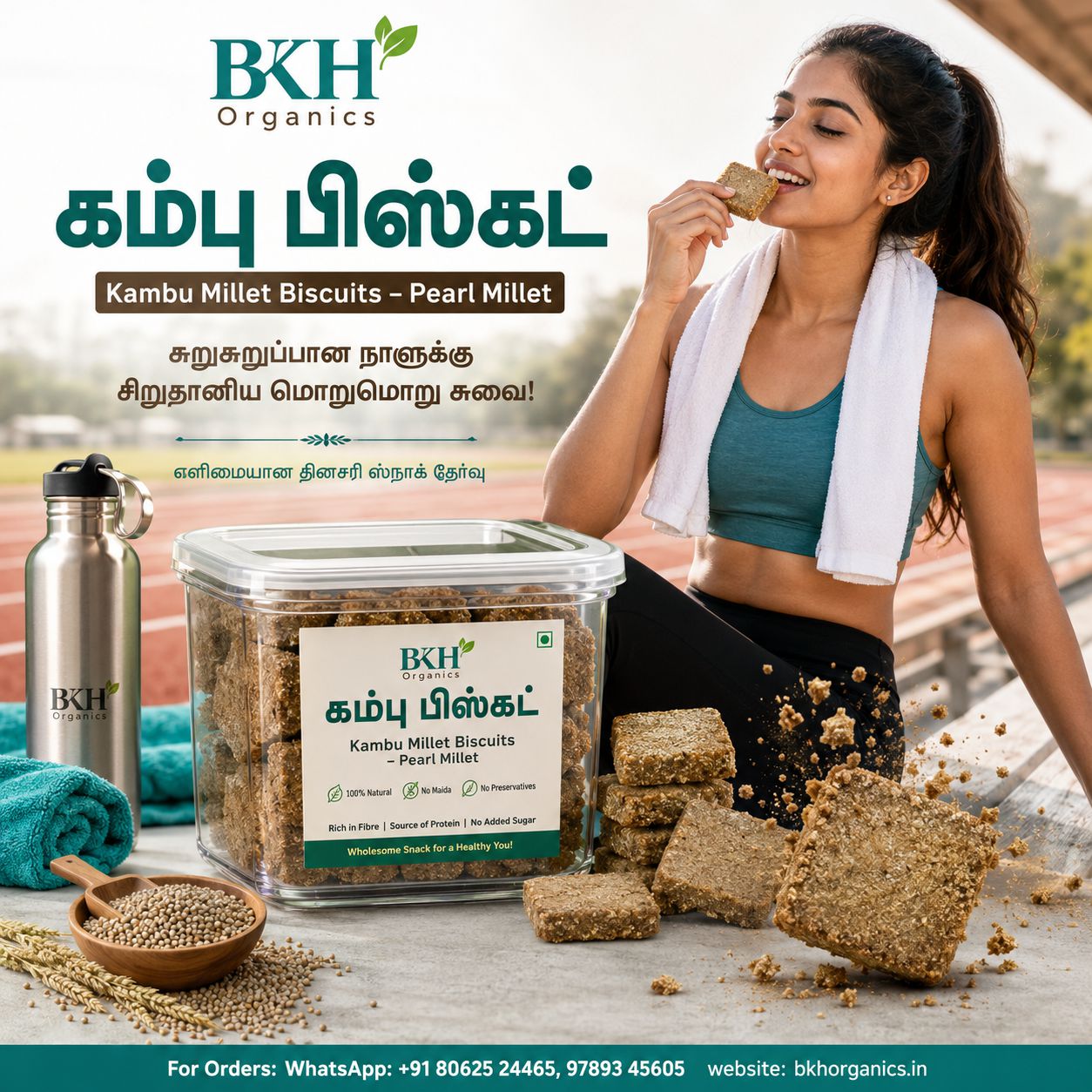 BKH Organics Kumbi Millet Biscuits. A woman in athletic wear sits beside a clear plastic tub of biscuit packets, with loose biscuit pieces and a metal water bottle on a track field background. கம்பு பிஸ்கட்டு | Pearl Millet Biscuits by BKH Organics