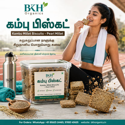 BKH Organics Kumbi Millet Biscuits. A woman in athletic wear sits beside a clear plastic tub of biscuit packets, with loose biscuit pieces and a metal water bottle on a track field background. கம்பு பிஸ்கட்டு | Pearl Millet Biscuits by BKH Organics