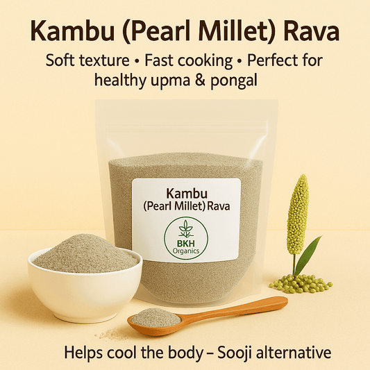 Kambu (Pearl Millet) Rava package with a bowl of rava and pearl millet grains on a beige background bkh organics