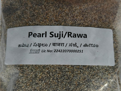 Label for Pearl Suji/Rawa on a textured surface - BKH Organics