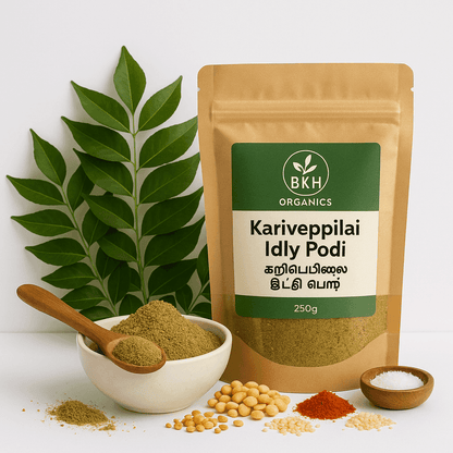 BKH Organics Kariveppilai Idly Podi packaging with ingredients on a white background
