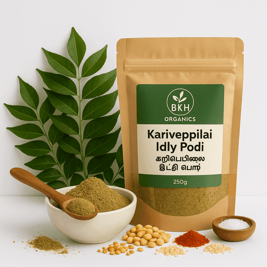 BKH Organics Kariveppilai Idly Podi packaging with ingredients on a white background