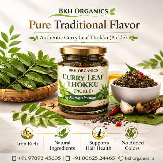 BKH Organics Curry Leaf Thokku pickle jar with curry leaves and a bowl of pickle on a light background