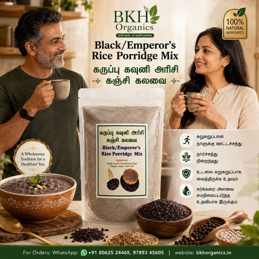 BKH Organics Black Emperor's Rice Porridge Mix packaging with a man and woman enjoying the product.