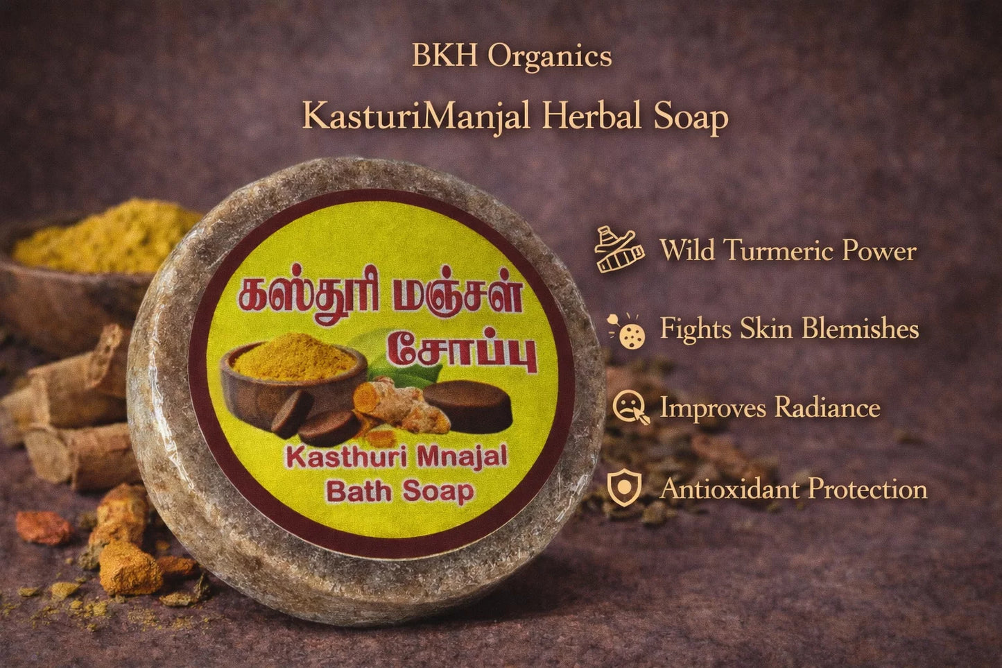 BKH Organics KasturiManjal Herbal Soap with ingredients on a dark background