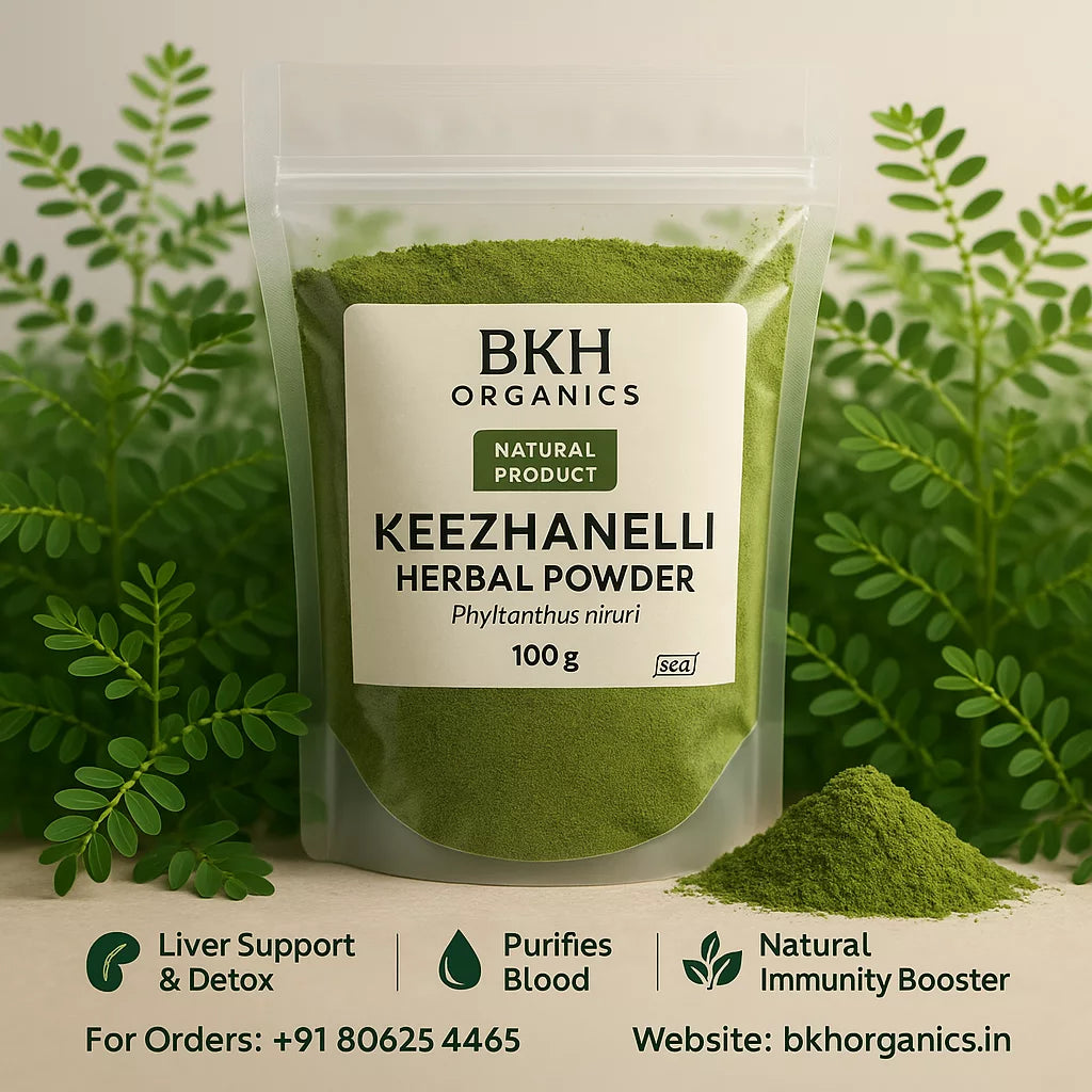 BKH Organics Keezhanelli Herbal Powder packaging with green leaves in the background, Phyllanthus niruri