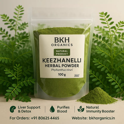 BKH Organics Keezhanelli Herbal Powder packaging with green leaves in the background, Phyllanthus niruri