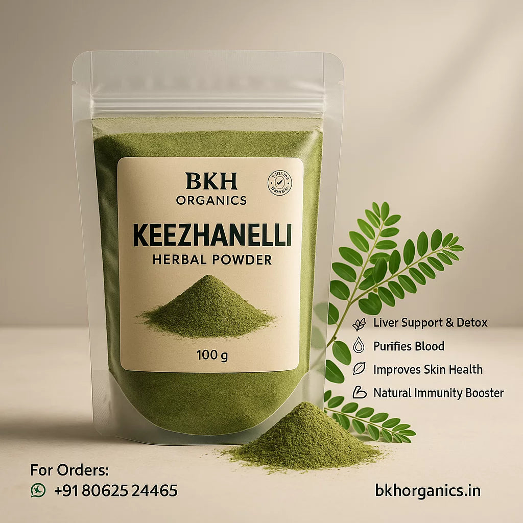 BKH Organics Keezhanelli herbal powder packaging with green powder and leaf illustration. Phyllanthus niruri