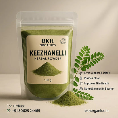 BKH Organics Keezhanelli herbal powder packaging with green powder and leaf illustration. Phyllanthus niruri