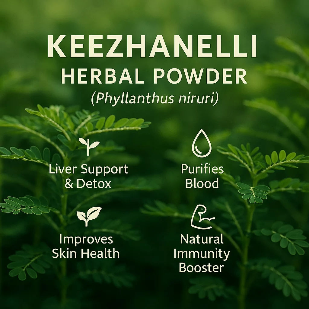 Advertisement for KEEZHANELLI Herbal Powder with green leaves in the background, Phyllanthus niruri