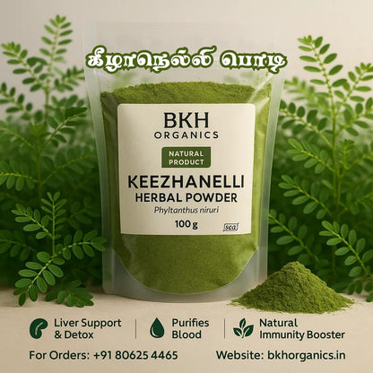 BKH Organics Keezhanelli Herbal Powder packaging with green leaves in the background