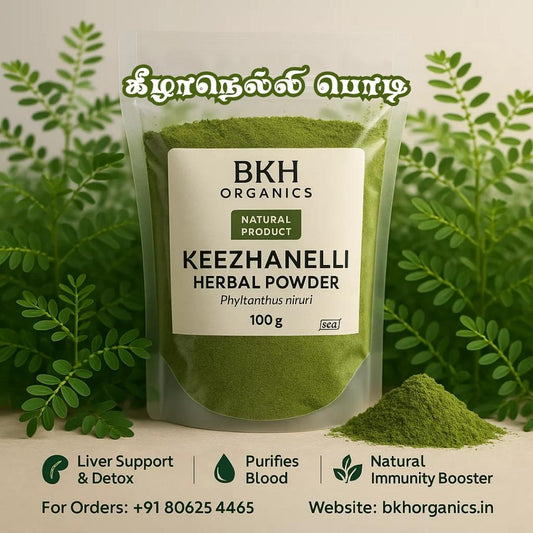 BKH Organics Keezhanelli Herbal Powder packaging with green leaves in the background
