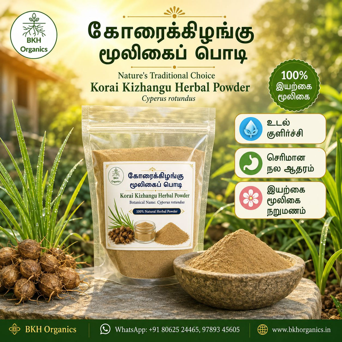 A promotional product image for BKH Organics Korai Kizhangu Herbal Powder. A clear stand-up pouch of the light brown herbal powder is shown on a stone surface, with loose roots and a small bowl of powder in front.