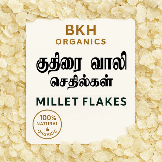 BKH Organics millet flakes packaging with text and certification logo on a background of millet flakes.