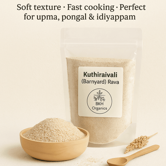 Bowl of Kuthiraivali rava - Barnyard rava with packaging and wheat grains on a light background BKH Organics