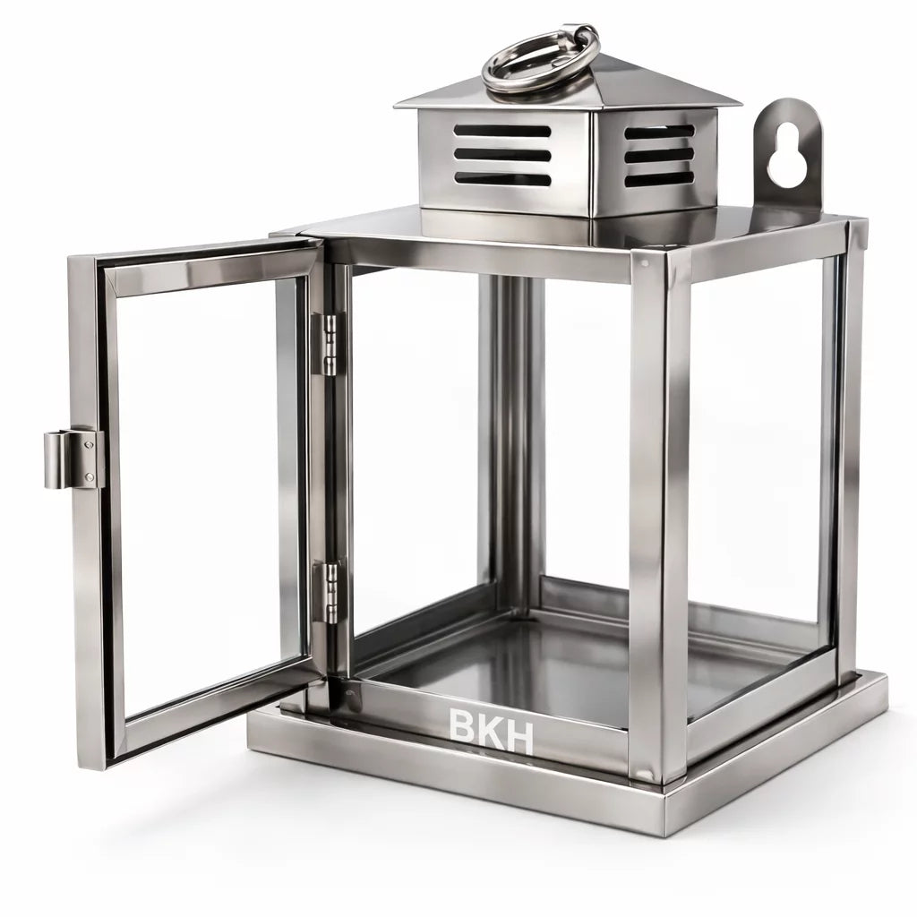 Stainless steel lantern with open door on a white background, BKH