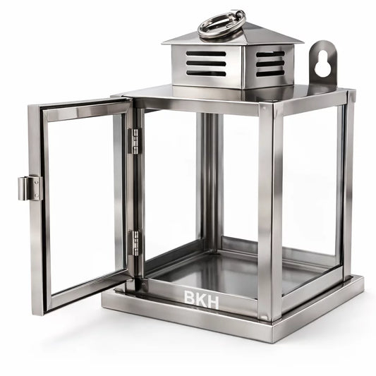 Stainless steel lantern with open door on a white background, BKH