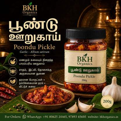 BKH Organics Poondu Pickle jar with garlic and spices on a dark background