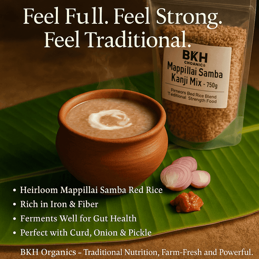 Bowl of soup with a package of BKH Mappillai Samba Kanji Mix on a green leaf, with text highlighting benefits. Mappillai Samba Kanji Mix 250g - BKH Organics
