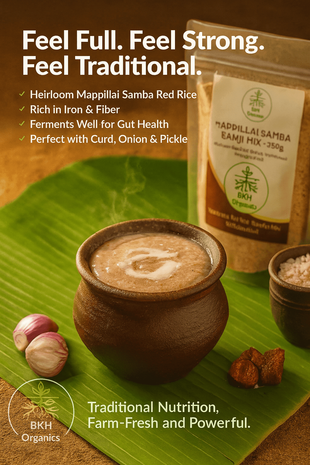 Bowl of soup with a package of Mappillai Samba Red Rice on a green leaf, with text highlighting health benefits. Mappillai Samba Kanji Mix 250g - BKH Organics
