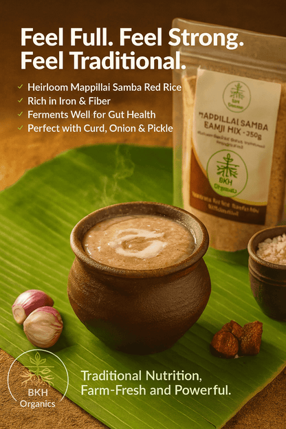 Bowl of soup with a package of Mappillai Samba Red Rice on a green leaf, with text highlighting health benefits. Mappillai Samba Kanji Mix 250g - BKH Organics