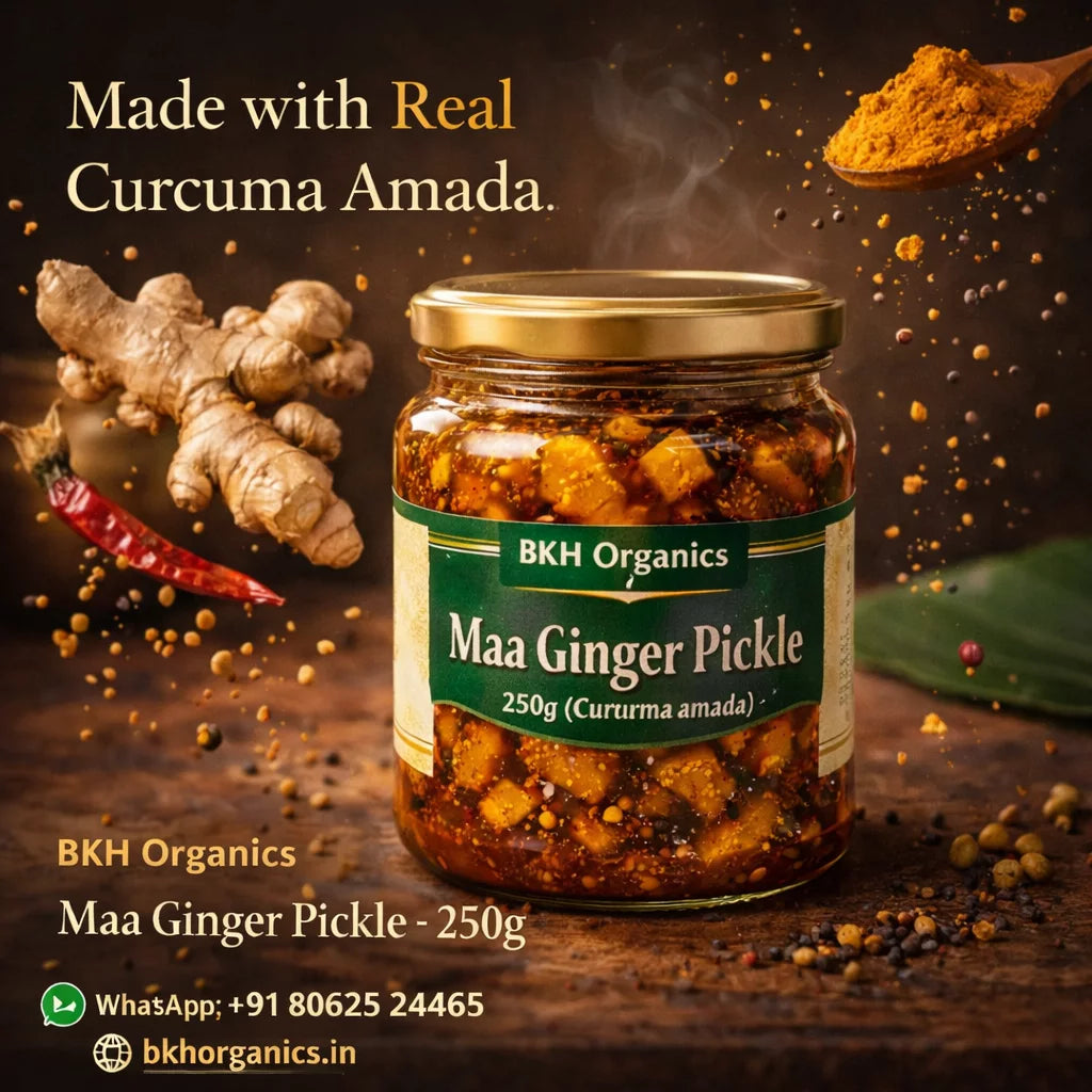 BKH Organics Maa Ginger Pickle jar with ingredients on a wooden background