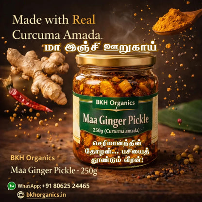 BKH Organics Maa Ginger Pickle jar with ingredients on a wooden background