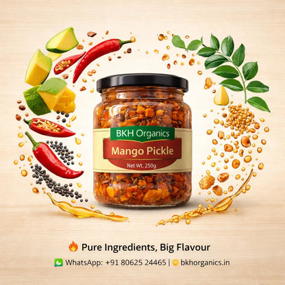 BKH Organics Mango Pickle jar with ingredients on a beige background