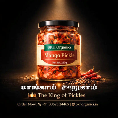 Jar of BKH Organics Mango Pickle with text and contact information on a dark background