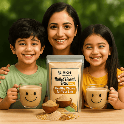 Woman and two children with BKH Probiotics Millet Health Mix and smiley face mugs. Millet Health Mix 500g - BKH Organics