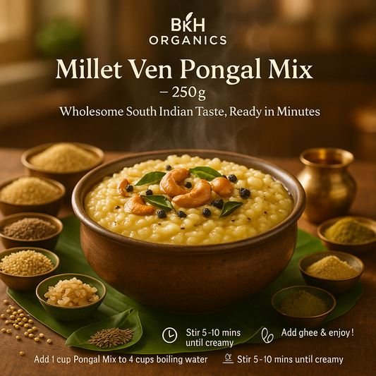 Bowl of Millet Ven Pongal Mix with ingredients on a wooden surface, featuring BKH Organics branding.