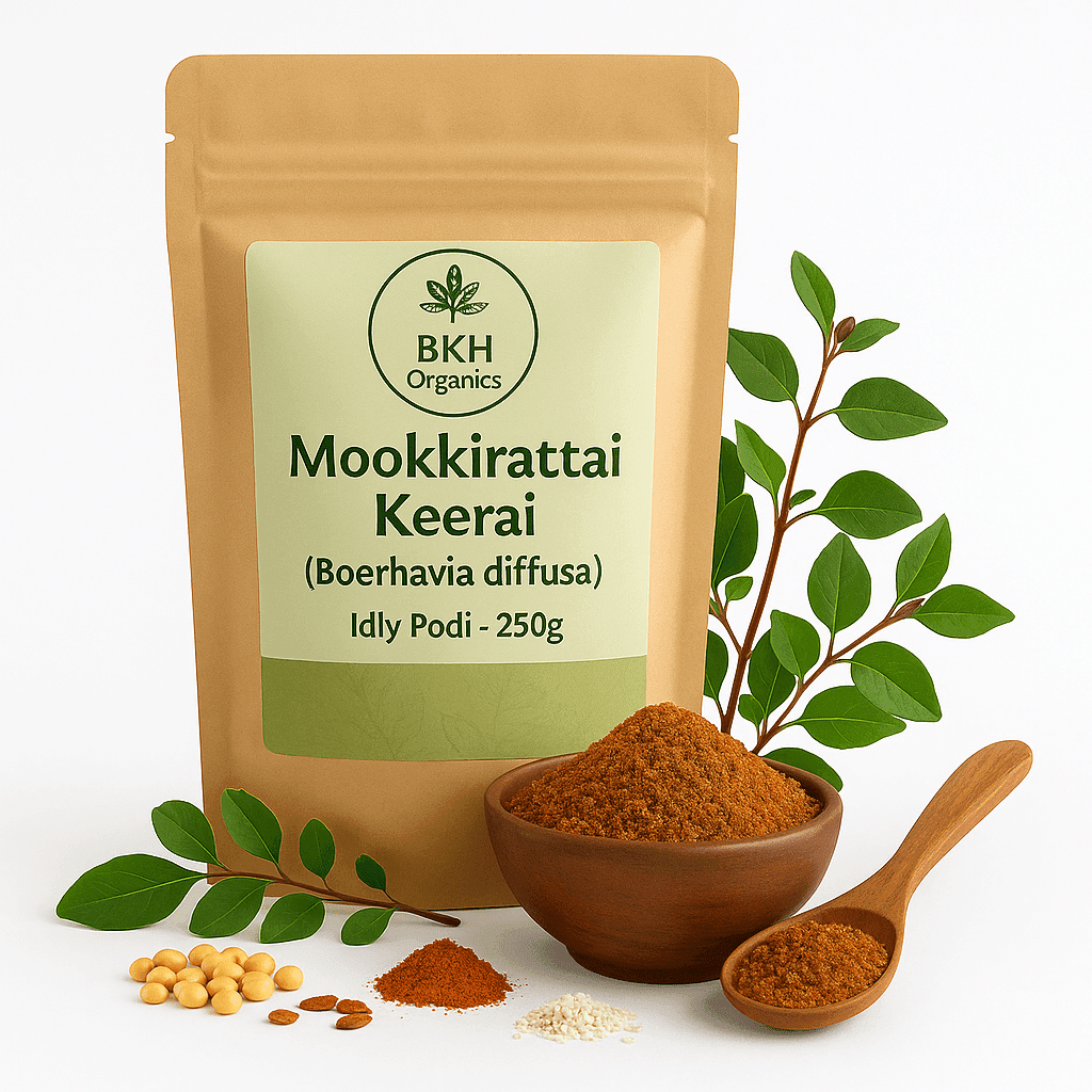 BKH Organics Mookkirattai Keerai packaging with ingredients on a white background