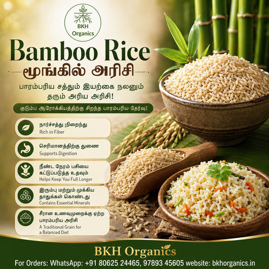 Bowl of bamboo rice with text about its benefits and branding on a green background