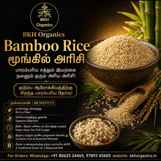 Bowl of Bamboo Rice with promotional text for BKH Organics on a dark background