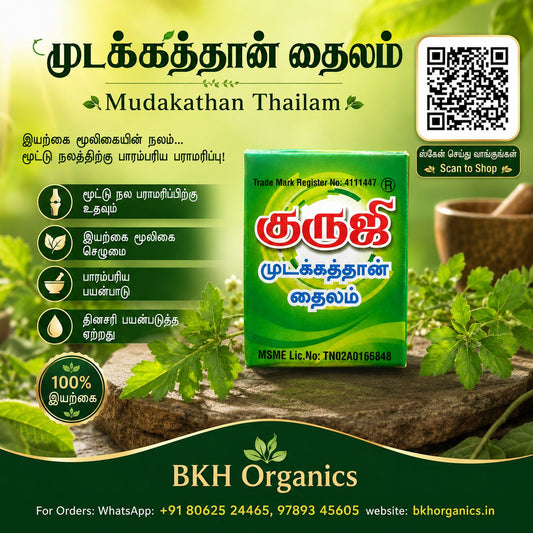 BKH Organics product packaging with green leaves and a QR code on a green background