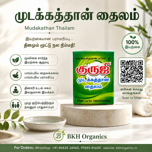 BKH Organics product packaging with QR code and text on a white background