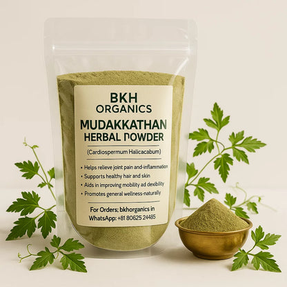 BKH Organics Mudakkathan Herbal Powder packaging with herbs on a beige background