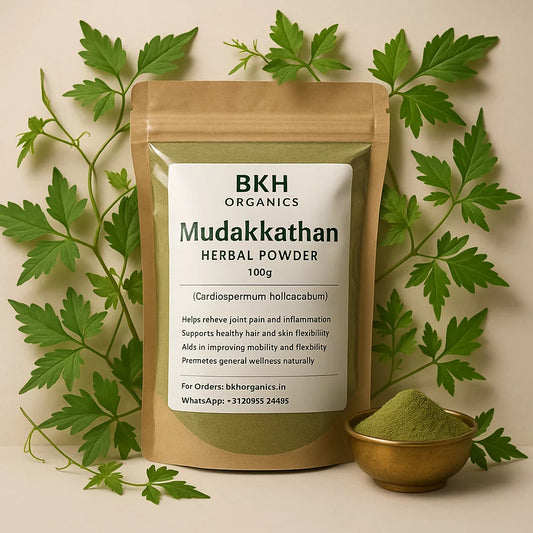 BKH Organics Mudakkathan Herbal Powder packaging with green leaves on a beige background