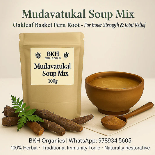 Mudavatukal Soup Mix packaging with a bowl of soup and ingredients on a beige background - BKH Organics