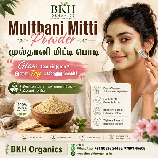 Advertisement for BKH Organics Multhani Mitti Powder with a woman applying the powder to her face.
