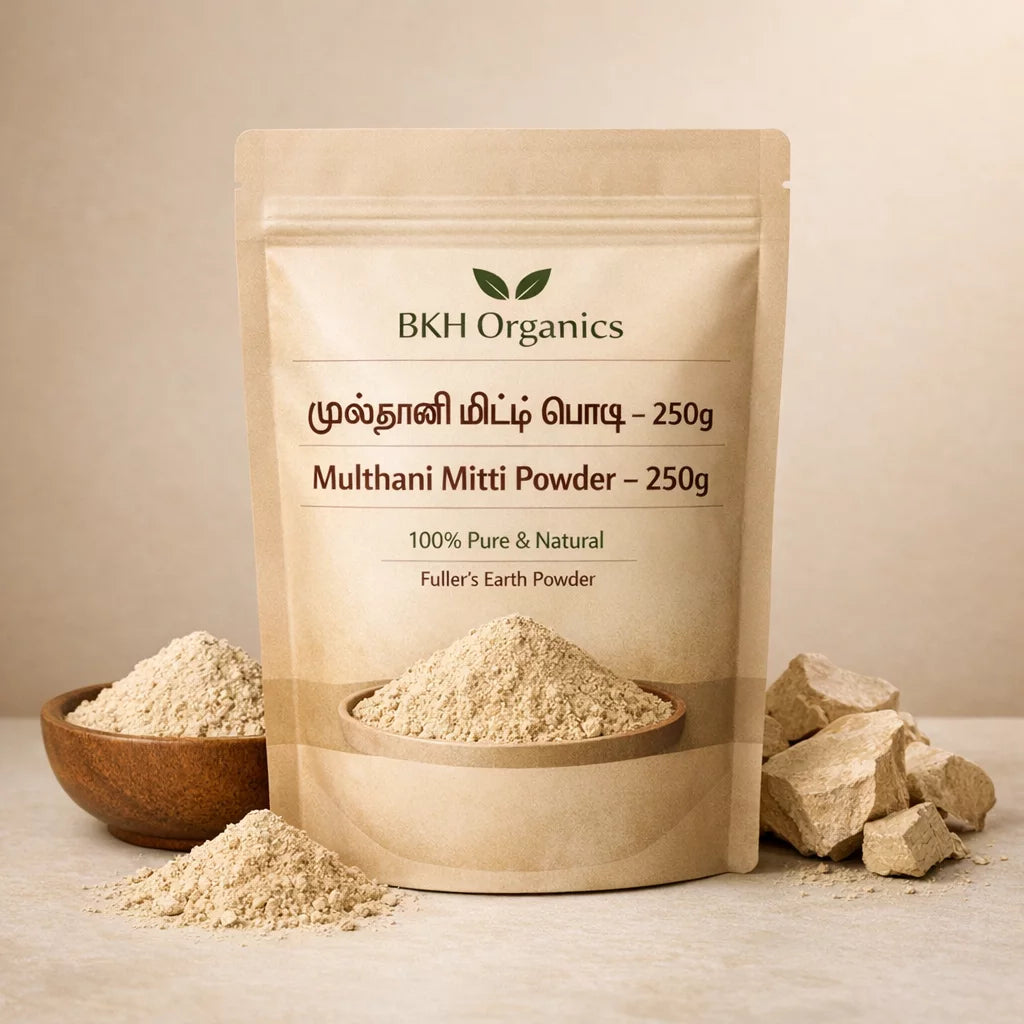 BKH Organics Multhani Mitti Powder packaging with powder in a bowl and stones on a beige background
