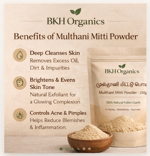 BKH Organics Multhani Mitti Powder packaging with benefits listed on a beige background