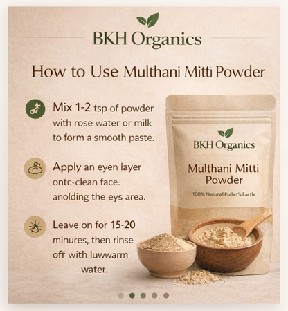 BKH Organics Multhani Mitti Powder packaging with usage instructions on a beige background