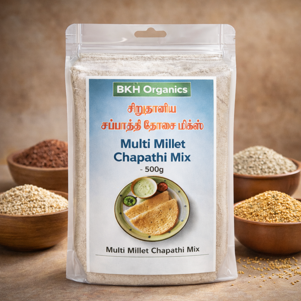 BKH Organics Multi Millet Chapathi Mix packaging with ingredients in the background