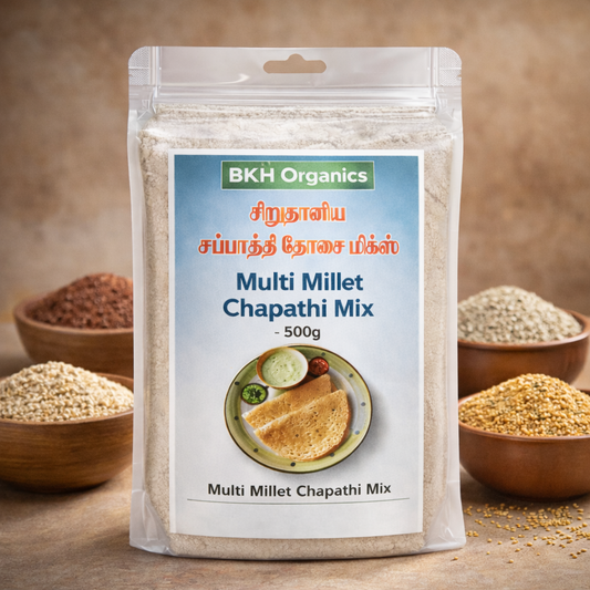BKH Organics Multi Millet Chapathi Mix packaging with ingredients in the background