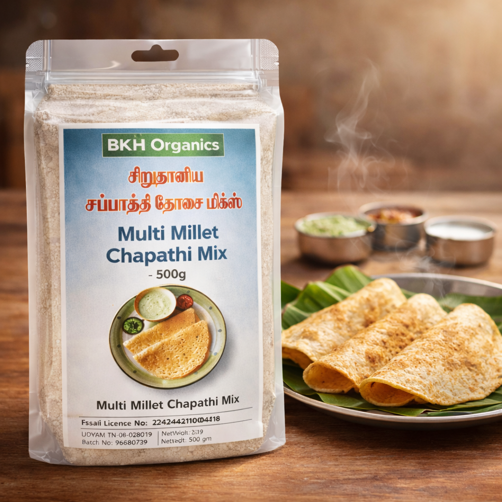 BKH Organics Multi Millet Chapathi Mix packaging with chapathis on a wooden table.