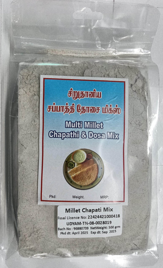 Packaged Millet Chapati & Dosa Mix with a label on a white background. Multi Millet Chapathi Mix 500g - BKH Organics