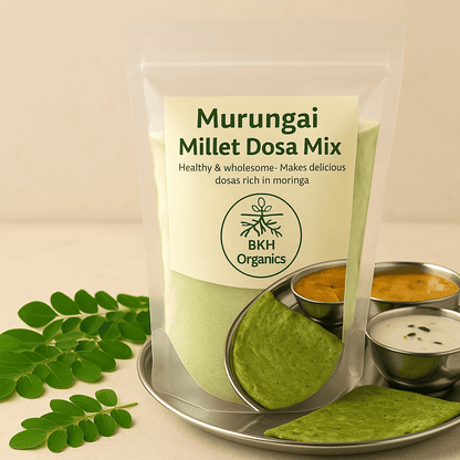 Packaging of Murungai Millet Dosa Mix from BKH Organics with green dosa and chutneys on a beige background. Murungai Millet Dosa Mix 500g - BKH Organics